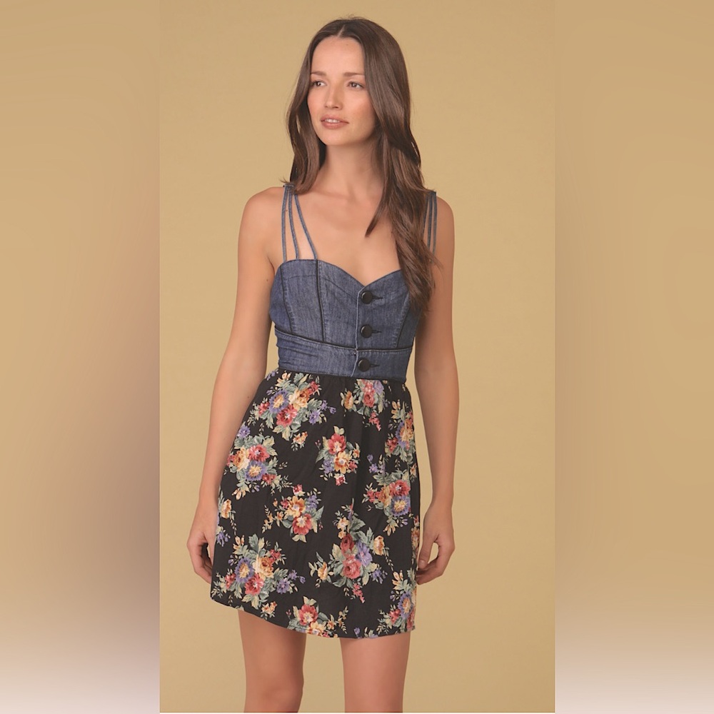 Vintage Free People Women’s 8 Blue Denim Floral 90s Y2K Pockets Flowy Mini Dress